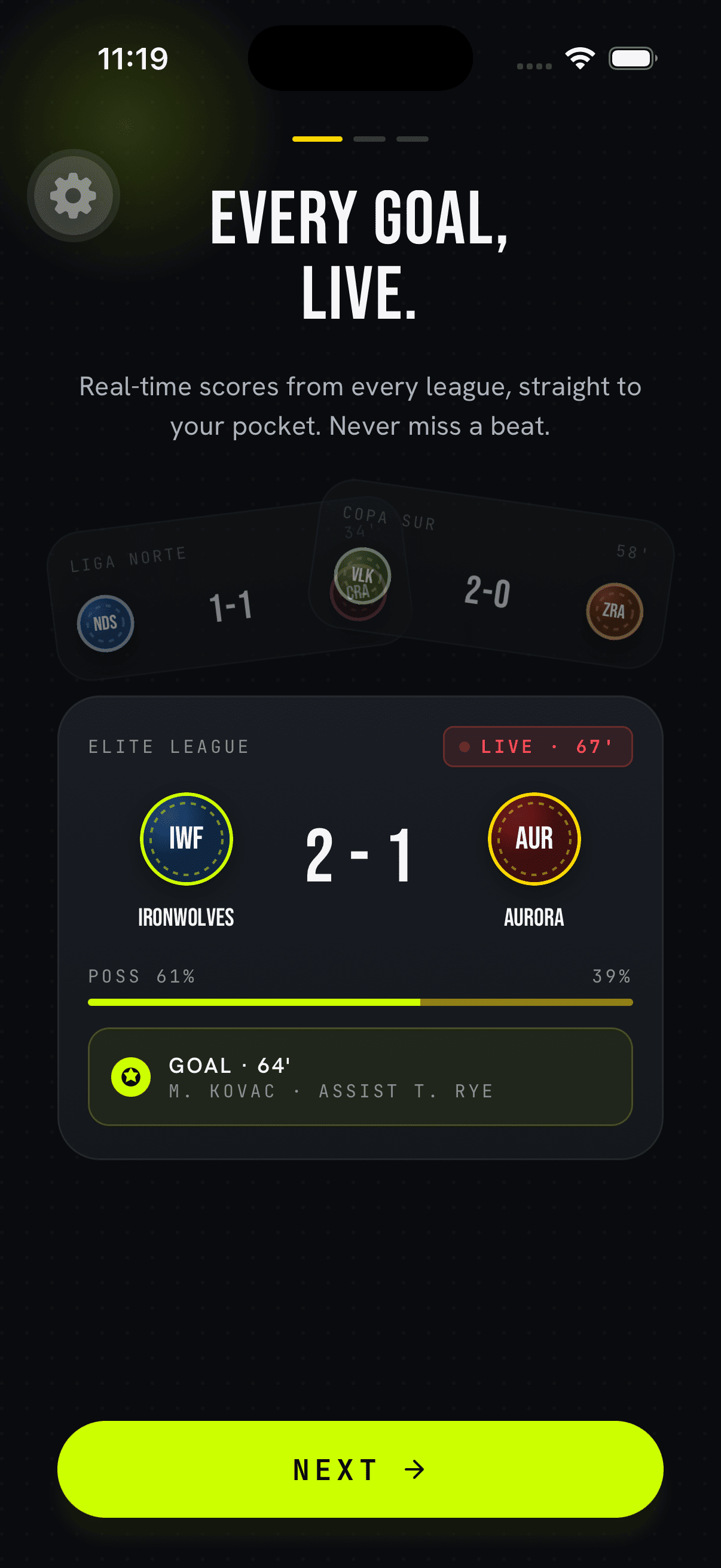 GoalZest app screenshot showing live football scores updating in real time