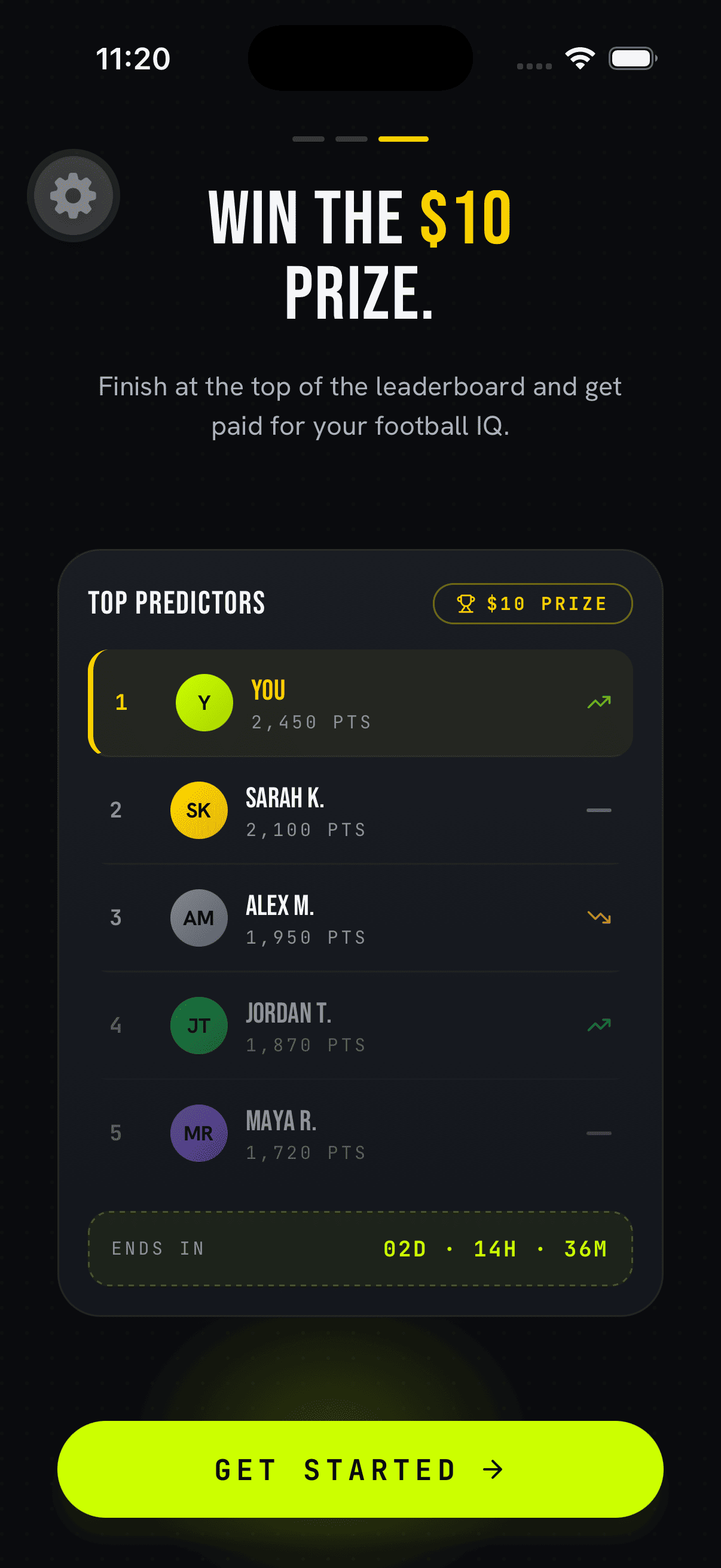 GoalZest leaderboard screen showing top predictors and a $15 prize